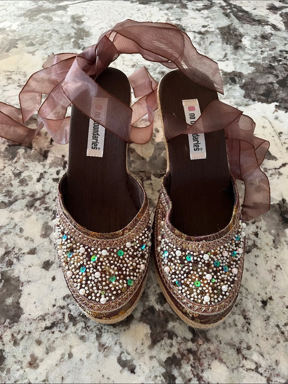 No Boundaries Brown Beaded Espadrille Flats with Ribbon Ankle Ties - Picture 1 of 4